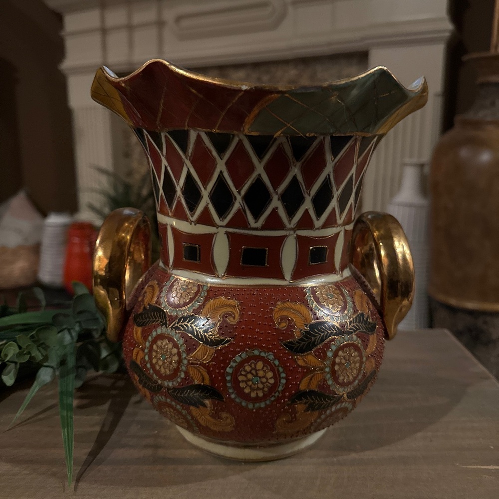 Ceramic Vase/Planter Decorative Hand Painted Asian Handles Leaves Harlequin